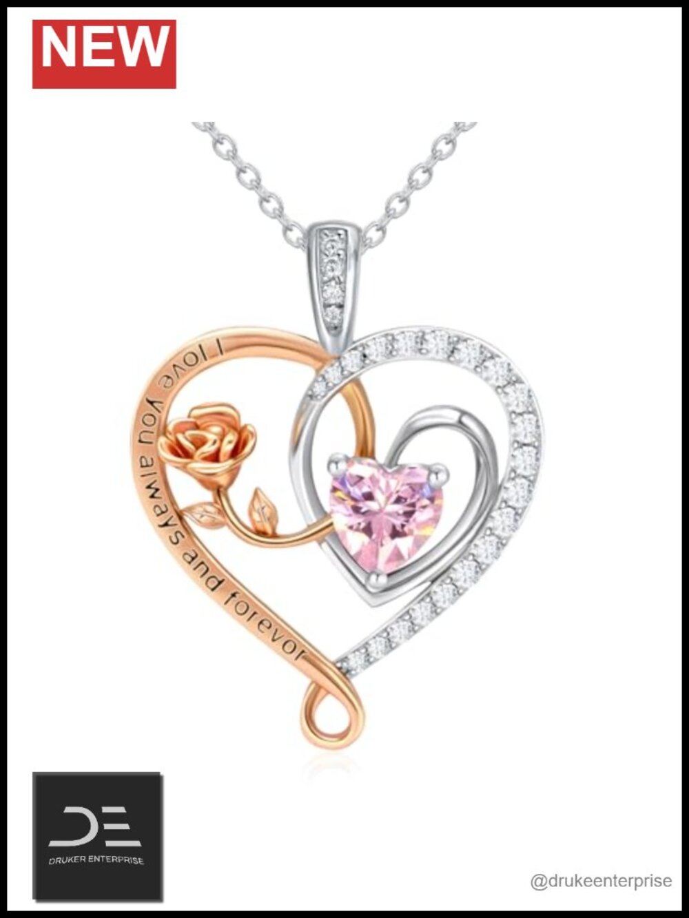 Sterling Silver Birthstone Necklace for Women Rose Flower Heart Pendant